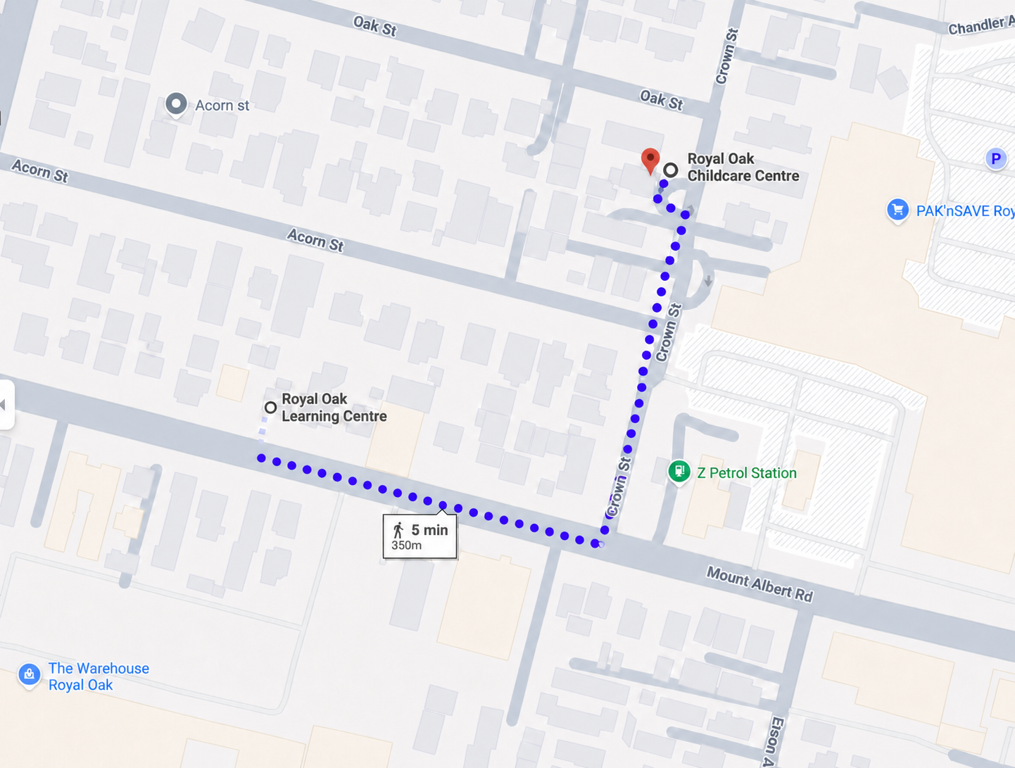 Map showing the short route between Royal Oak Childcare Centre and Royal Oak Learning Centre