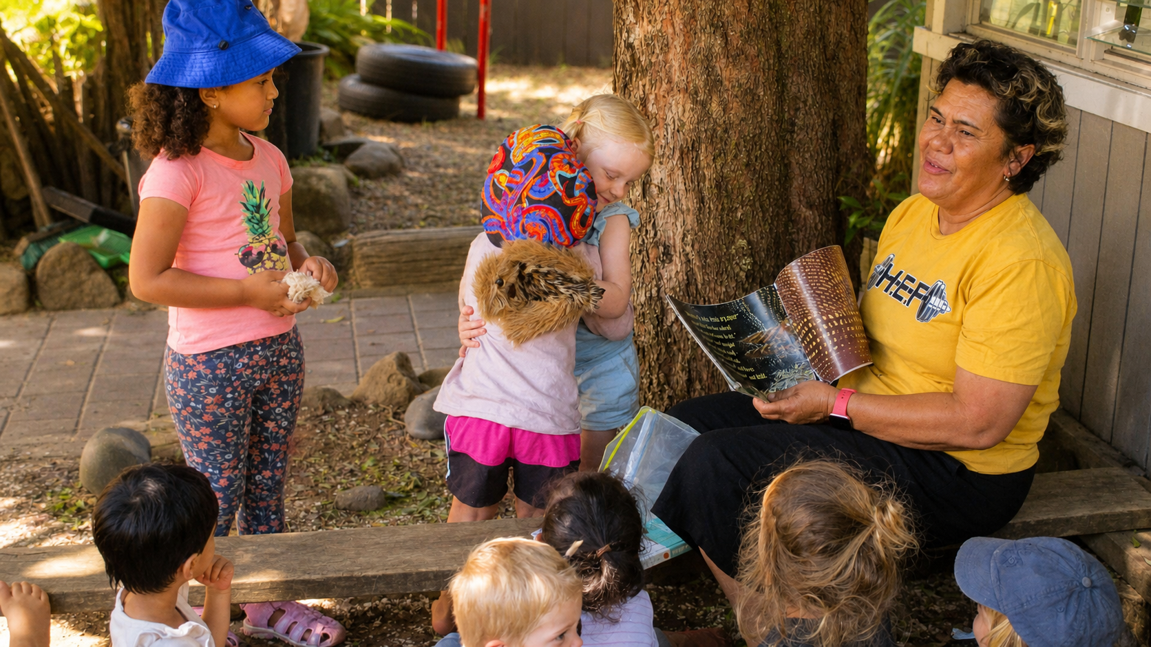Teacher sharing a story with children outdoors at Royal Oak
