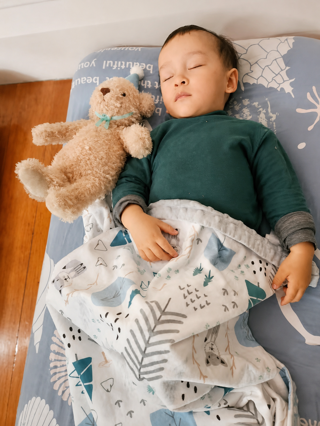 A young child resting peacefully with a familiar comfort toy