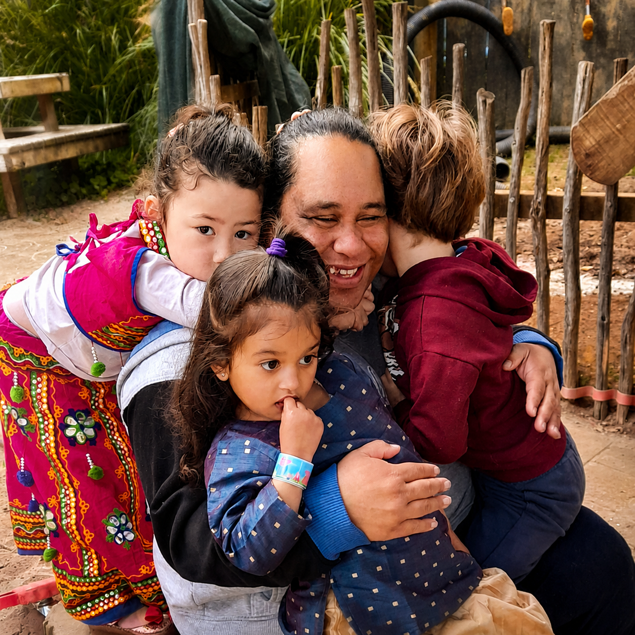 Teacher sharing a close, joyful moment with children outdoors at Royal Oak
