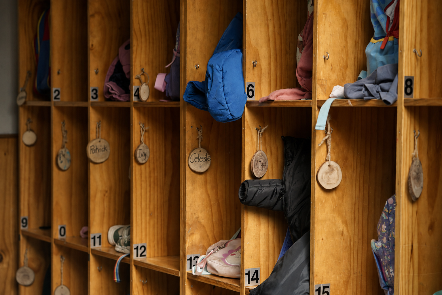 Children's named cubbies and belongings at Royal Oak Learning Centre
