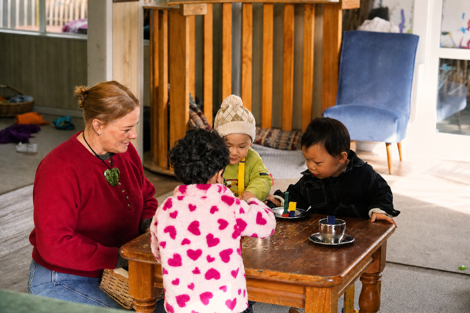 Teacher sharing a warm moment with children outdoors at Royal Oak